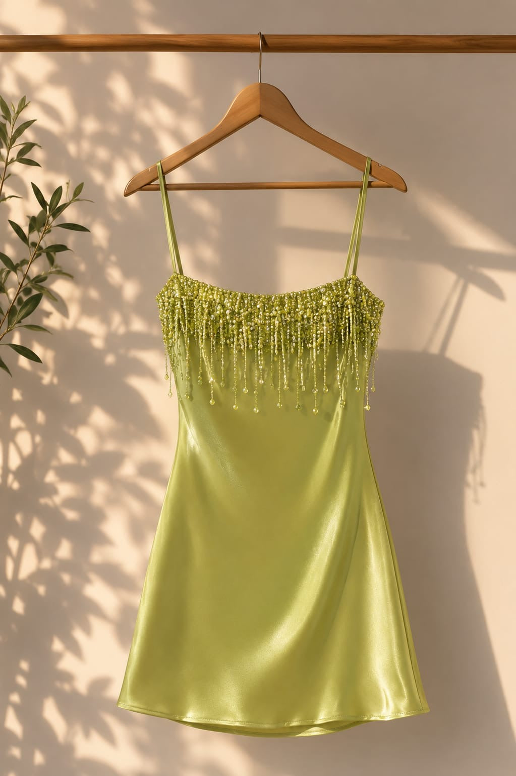 Lime Beaded Fringe Satin Mini Dress