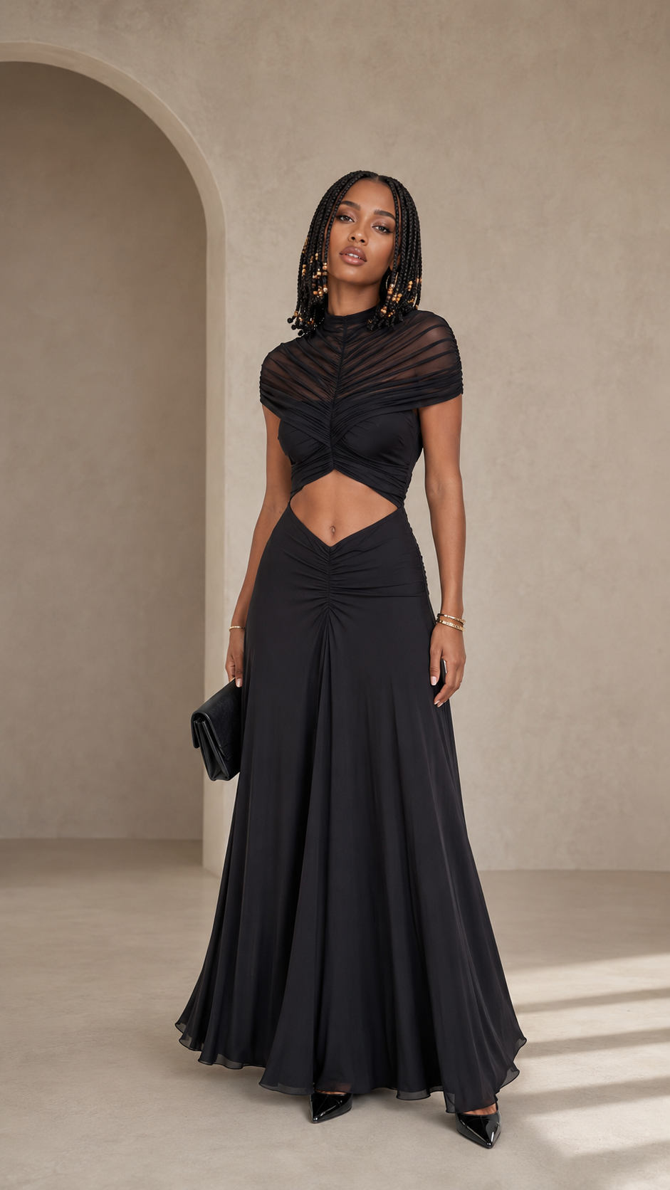 Black Cut-Out Ruched Maxi Dress