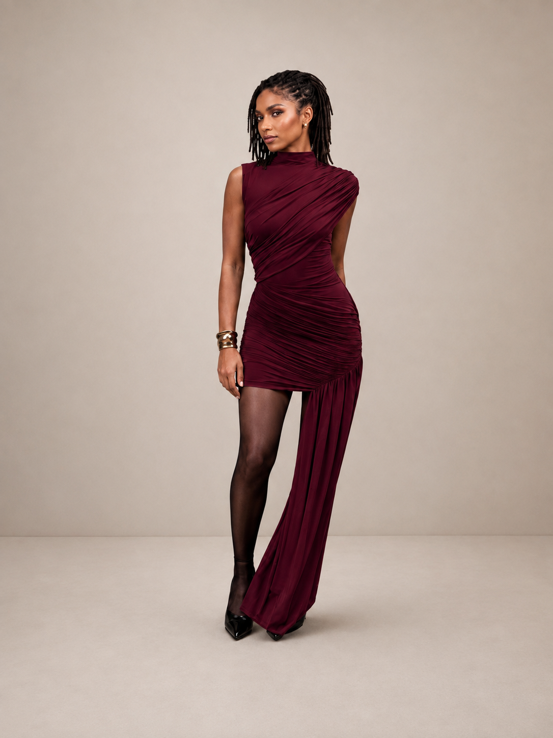 Ruched Mock Neck Asymmetric Mini Dress